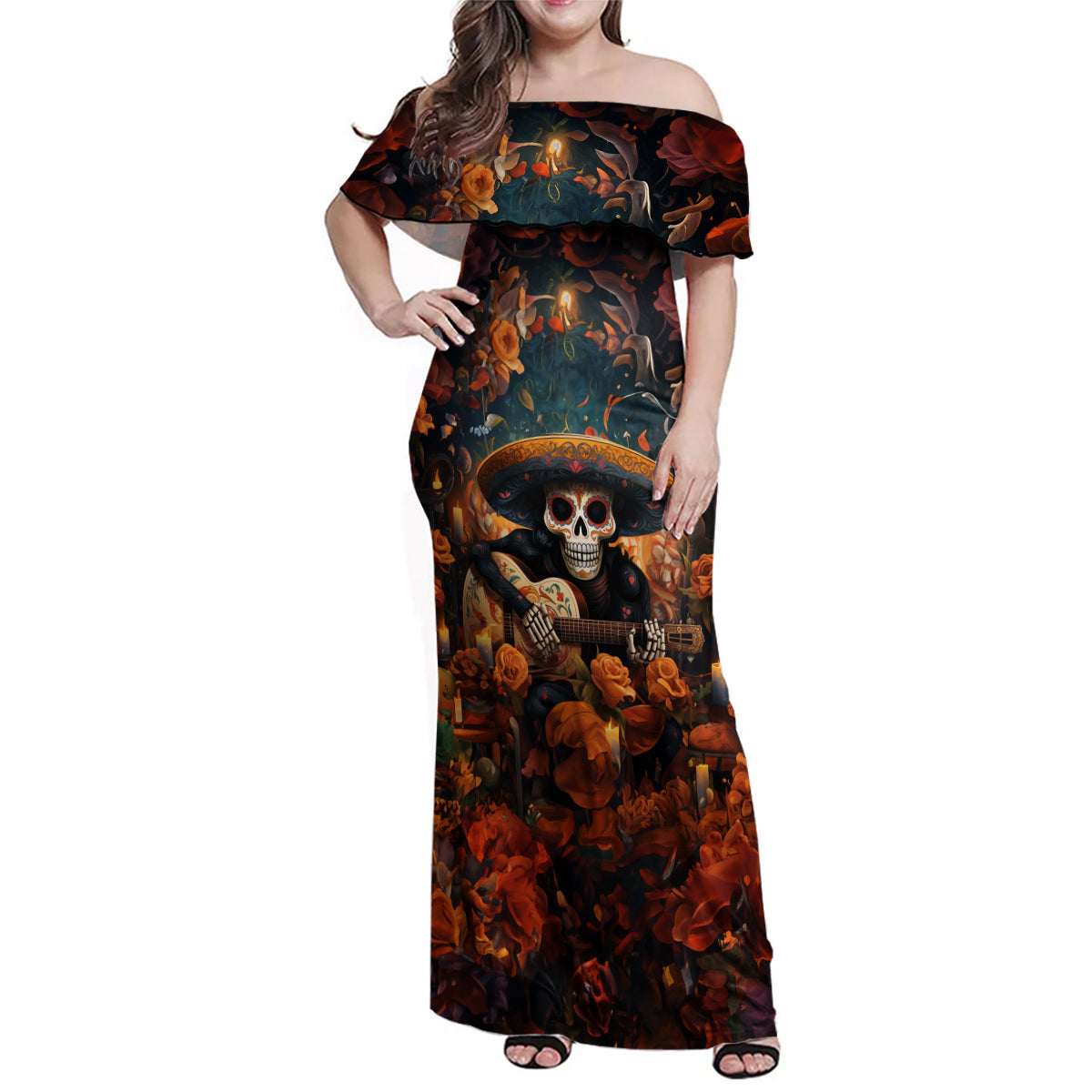 Day of Dead Skull Family Matching Off Shoulder Maxi Dress and Hawaiian Shirt Sugar Skull Musican - Wonder Print Shop