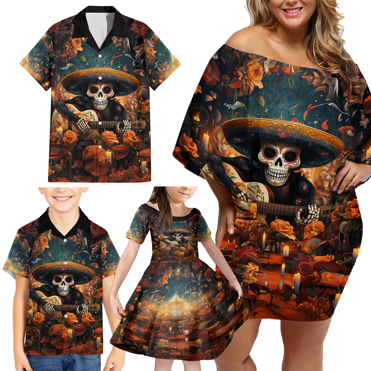 Day of Dead Skull Family Matching Off Shoulder Short Dress and Hawaiian Shirt Sugar Skull Musican - Wonder Print Shop