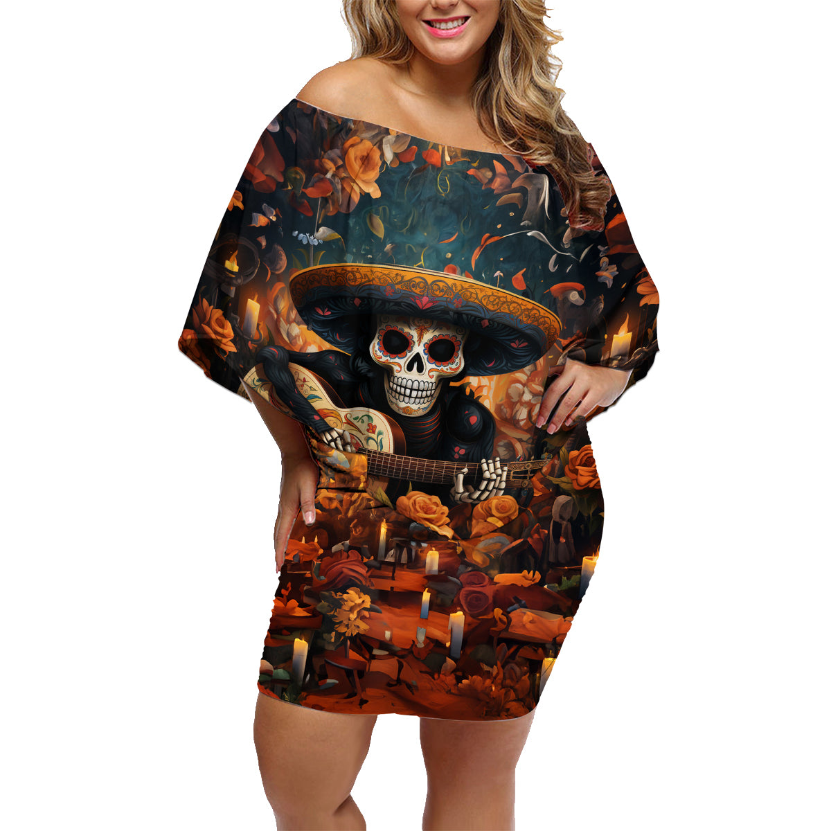 Day of Dead Skull Family Matching Off Shoulder Short Dress and Hawaiian Shirt Sugar Skull Musican - Wonder Print Shop