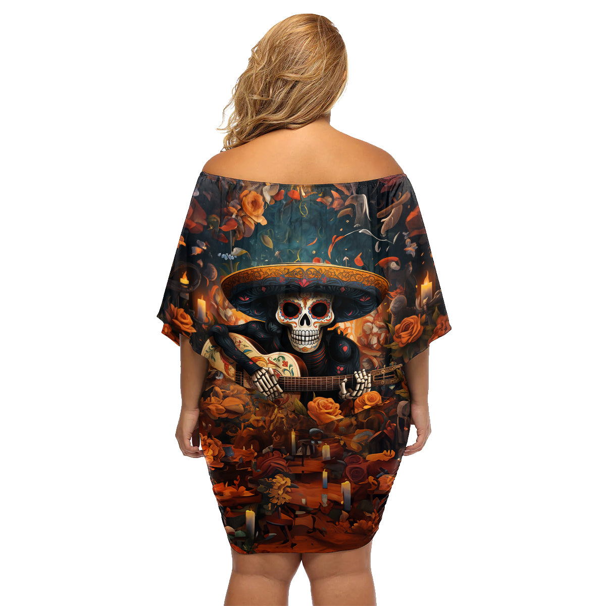 Day of Dead Skull Family Matching Off Shoulder Short Dress and Hawaiian Shirt Sugar Skull Musican - Wonder Print Shop