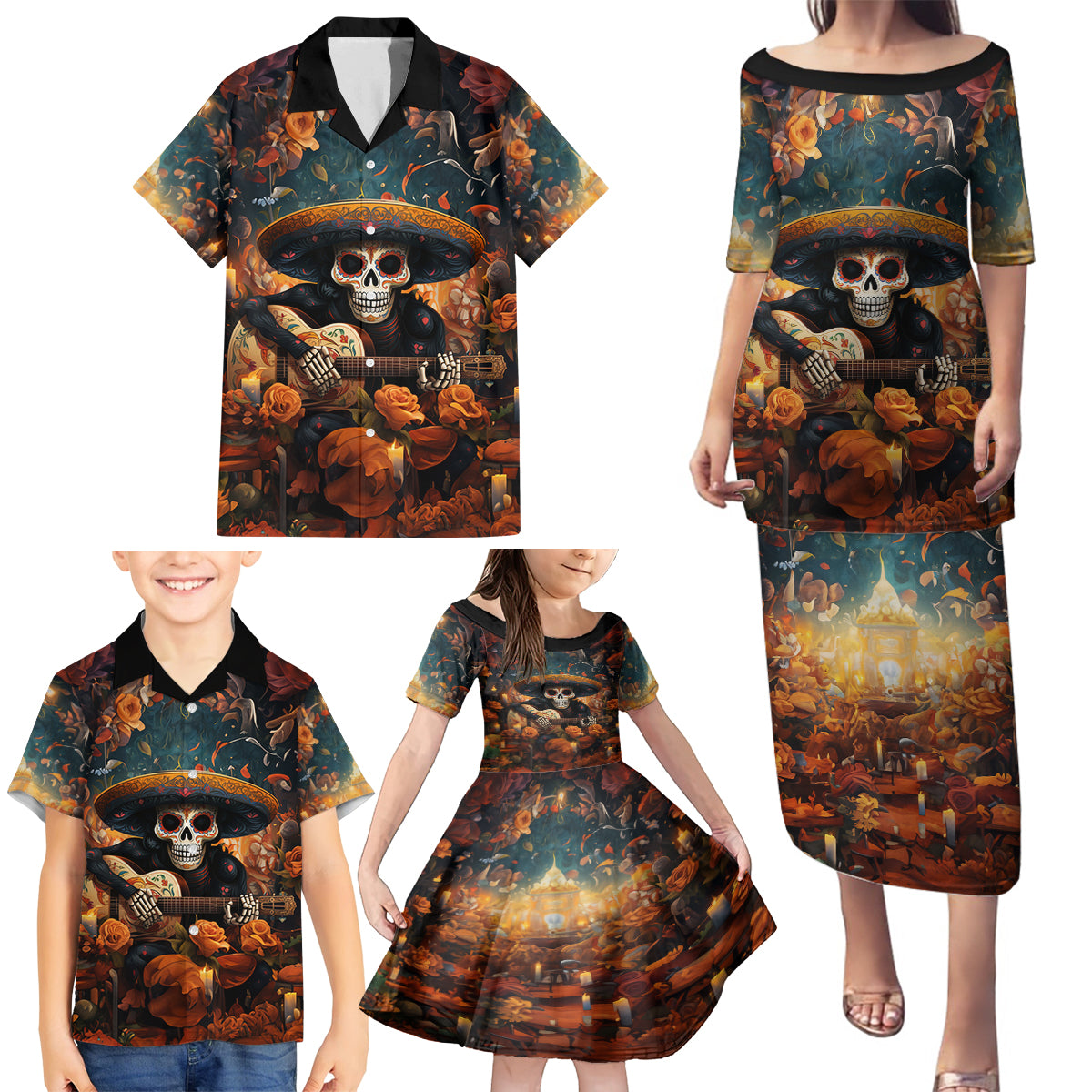 Day of Dead Skull Family Matching Puletasi Dress and Hawaiian Shirt Sugar Skull Musican - Wonder Print Shop