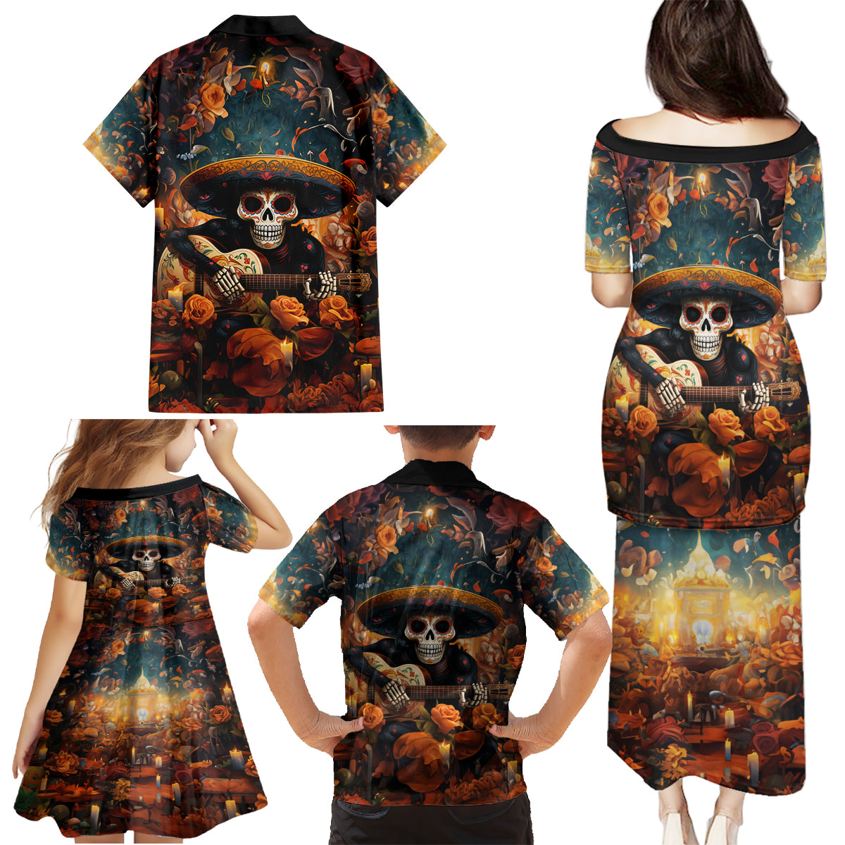 Day of Dead Skull Family Matching Puletasi Dress and Hawaiian Shirt Sugar Skull Musican - Wonder Print Shop
