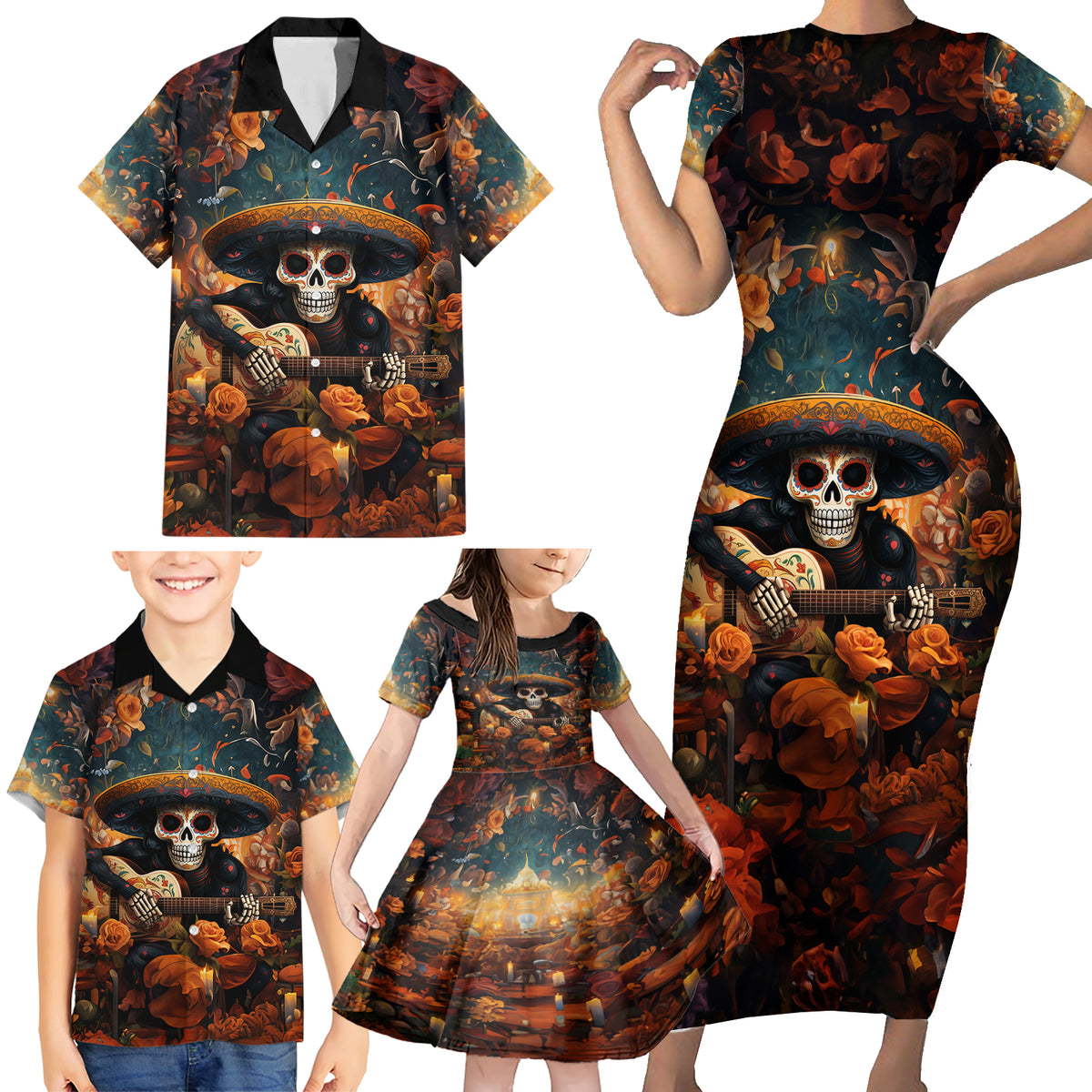 Day of Dead Skull Family Matching Short Sleeve Bodycon Dress and Hawaiian Shirt Sugar Skull Musican - Wonder Print Shop