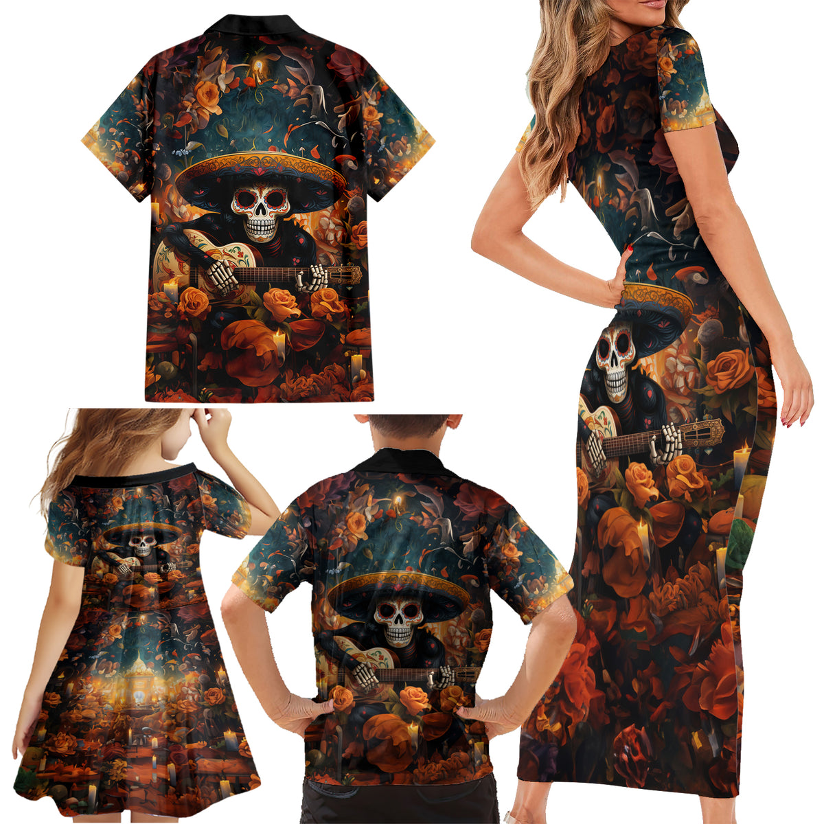 Day of Dead Skull Family Matching Short Sleeve Bodycon Dress and Hawaiian Shirt Sugar Skull Musican - Wonder Print Shop