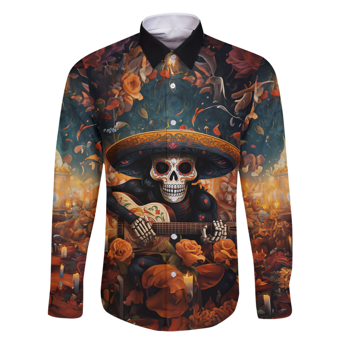 Day of Dead Skull Family Matching Short Sleeve Bodycon Dress and Hawaiian Shirt Sugar Skull Musican - Wonder Print Shop