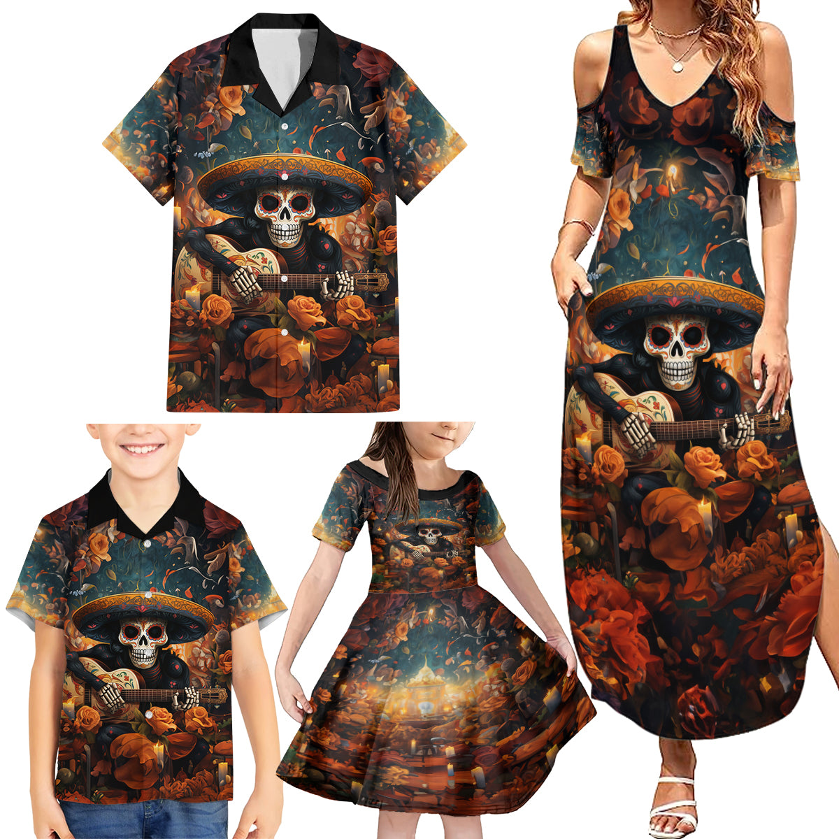 Day of Dead Skull Family Matching Summer Maxi Dress and Hawaiian Shirt Sugar Skull Musican - Wonder Print Shop