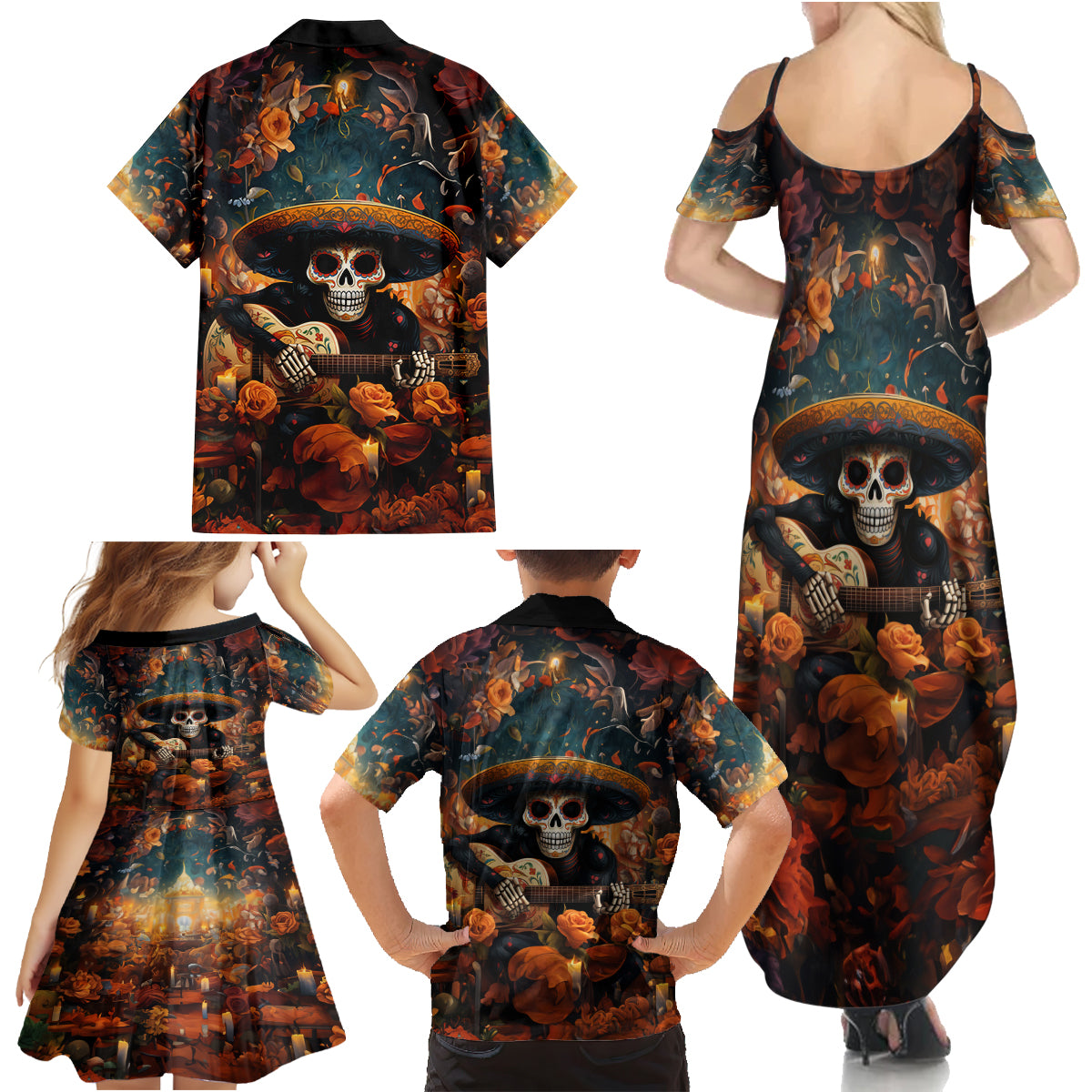 Day of Dead Skull Family Matching Summer Maxi Dress and Hawaiian Shirt Sugar Skull Musican - Wonder Print Shop