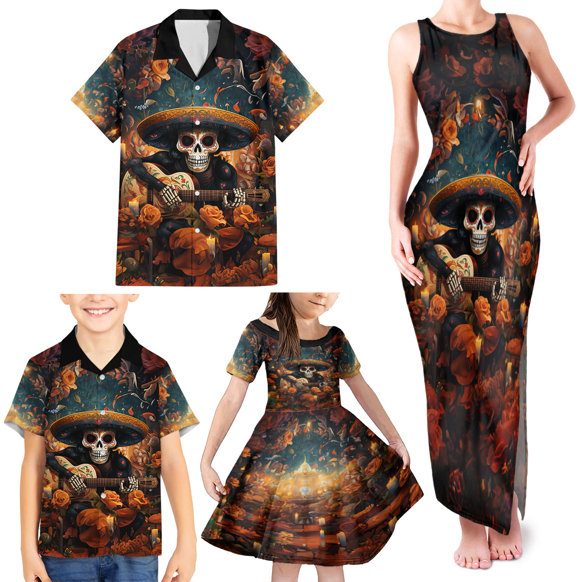 Day of Dead Skull Family Matching Tank Maxi Dress and Hawaiian Shirt Sugar Skull Musican - Wonder Print Shop