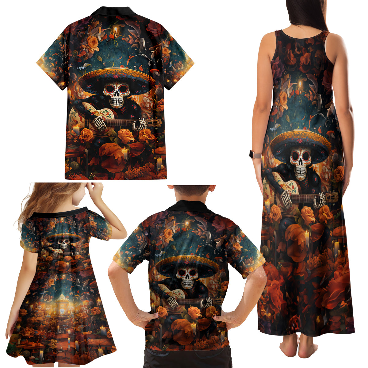 Day of Dead Skull Family Matching Tank Maxi Dress and Hawaiian Shirt Sugar Skull Musican - Wonder Print Shop