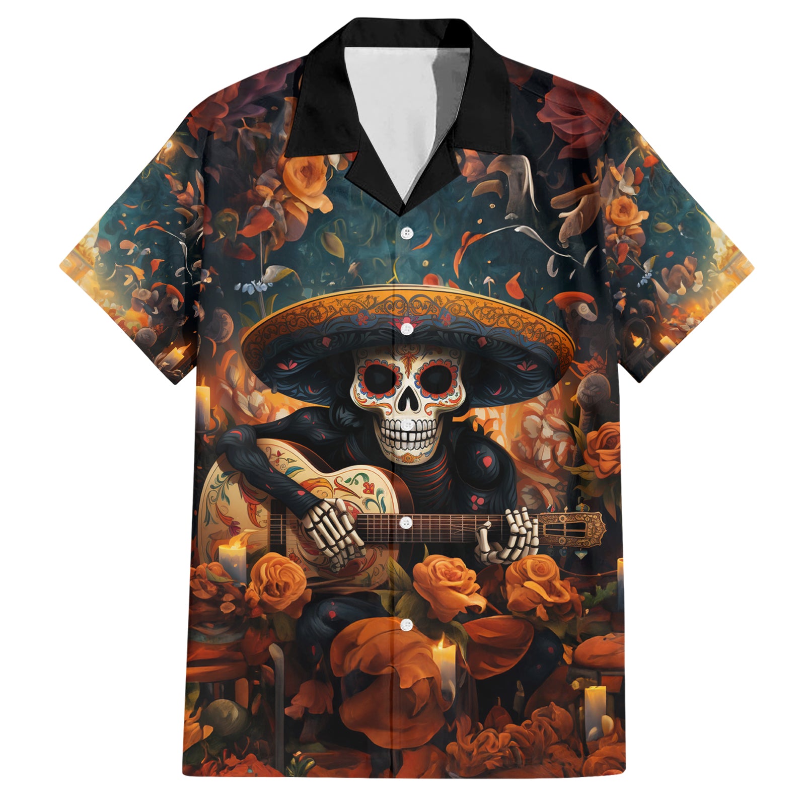 Day of Dead Skull Hawaiian Shirt Sugar Skull Musican - Wonder Print Shop