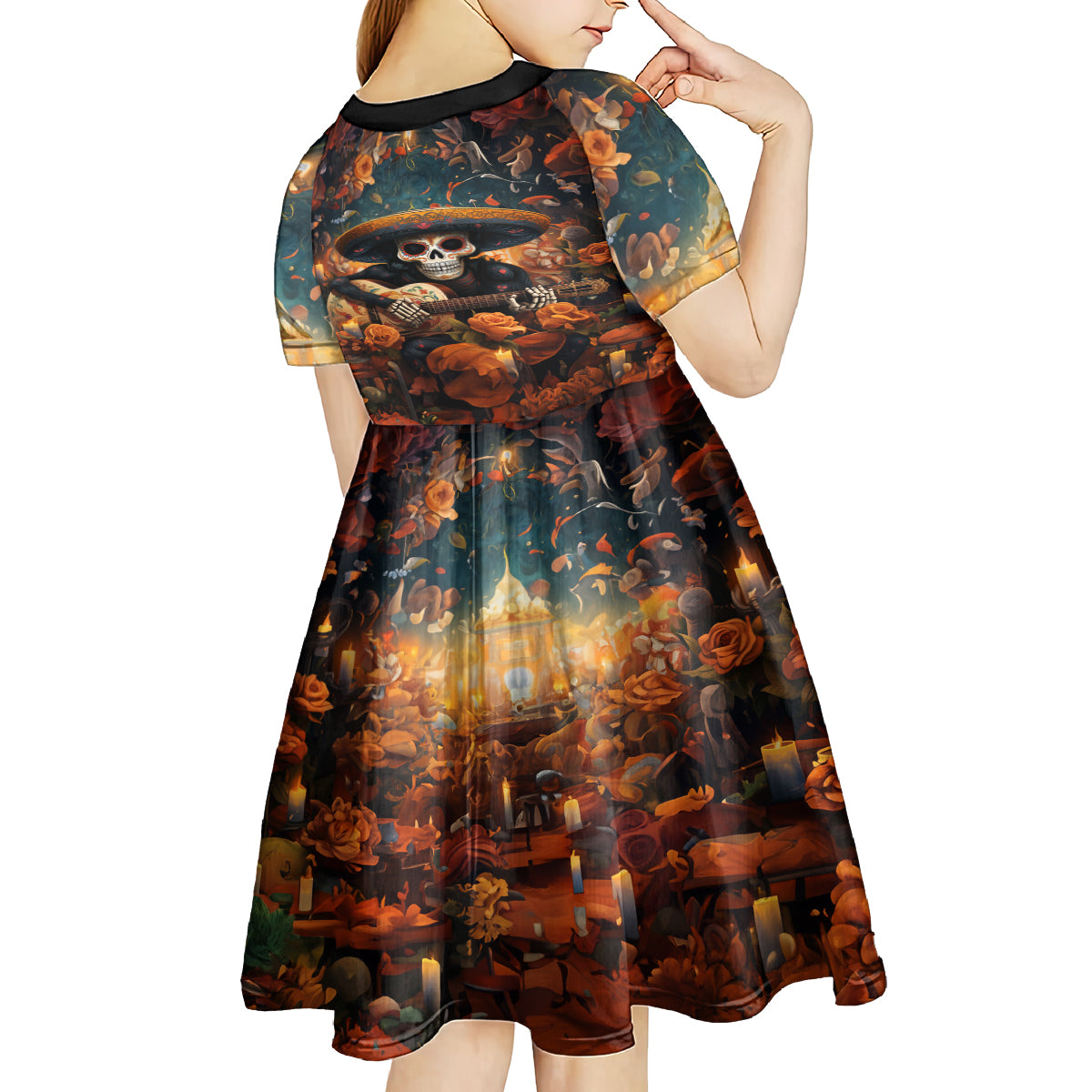 Day of Dead Skull Kid Short Sleeve Dress Sugar Skull Musican - Wonder Print Shop
