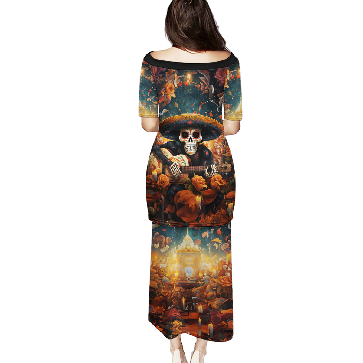 Day of Dead Skull Puletasi Sugar Skull Musican - Wonder Print Shop