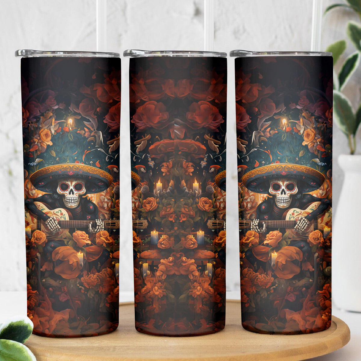 Day of Dead Skull Skinny Tumbler Sugar Skull Musican - Wonder Print Shop