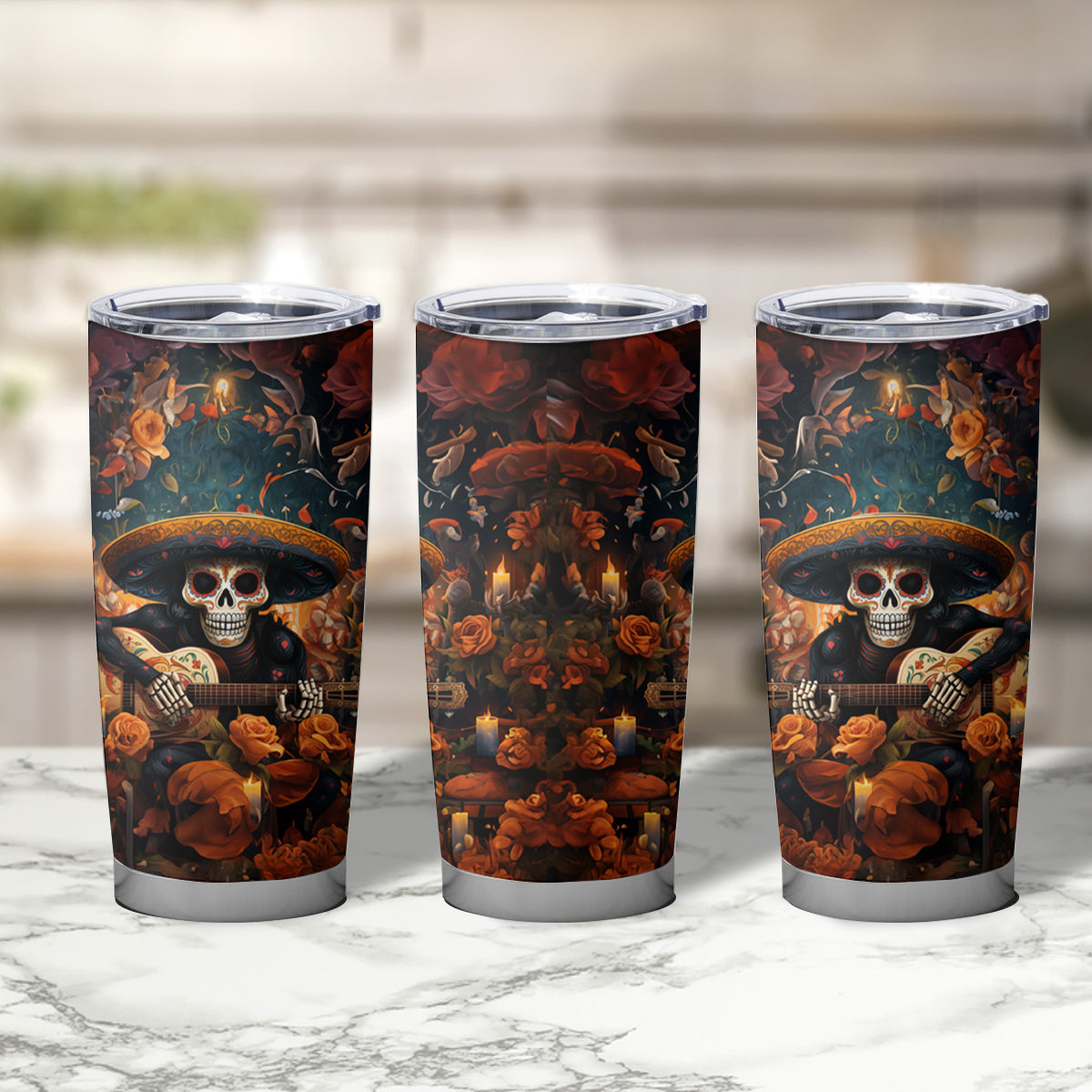 Day of Dead Skull Tumbler Cup Sugar Skull Musican - Wonder Print Shop