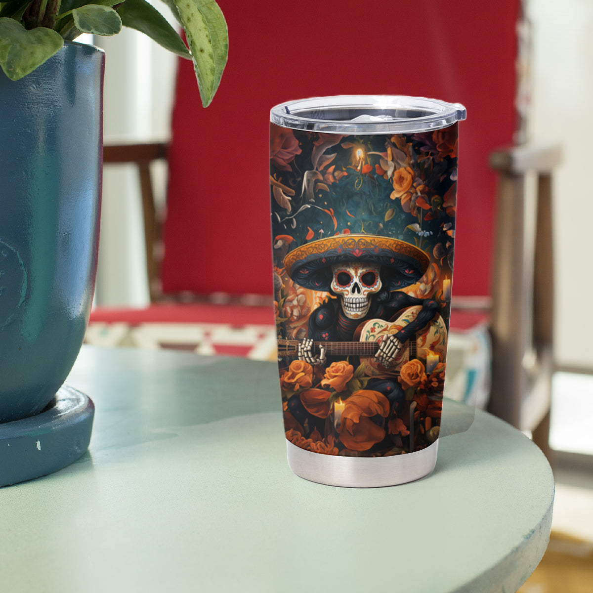 Day of Dead Skull Tumbler Cup Sugar Skull Musican - Wonder Print Shop