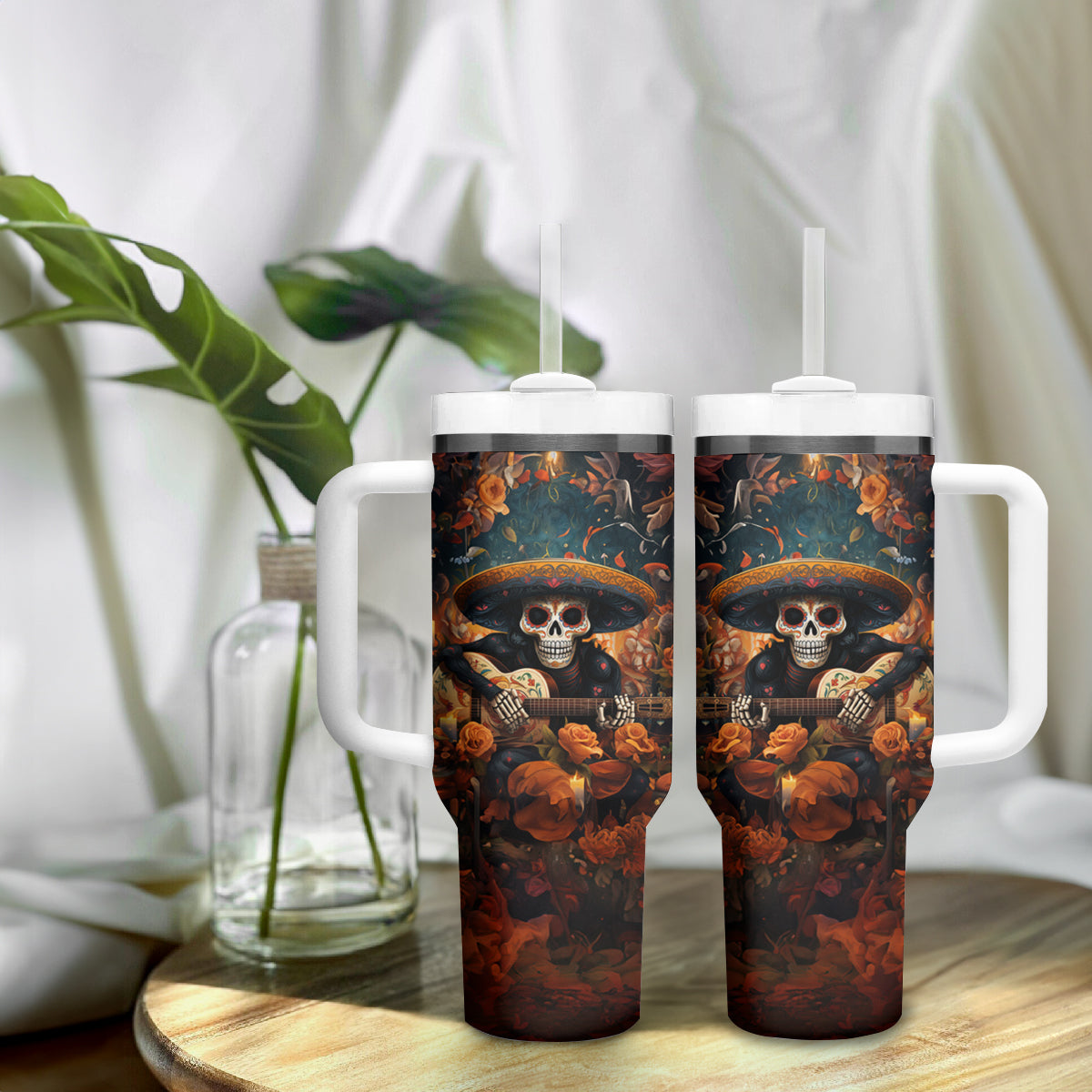Day of Dead Skull Tumbler With Handle Sugar Skull Musican - Wonder Print Shop