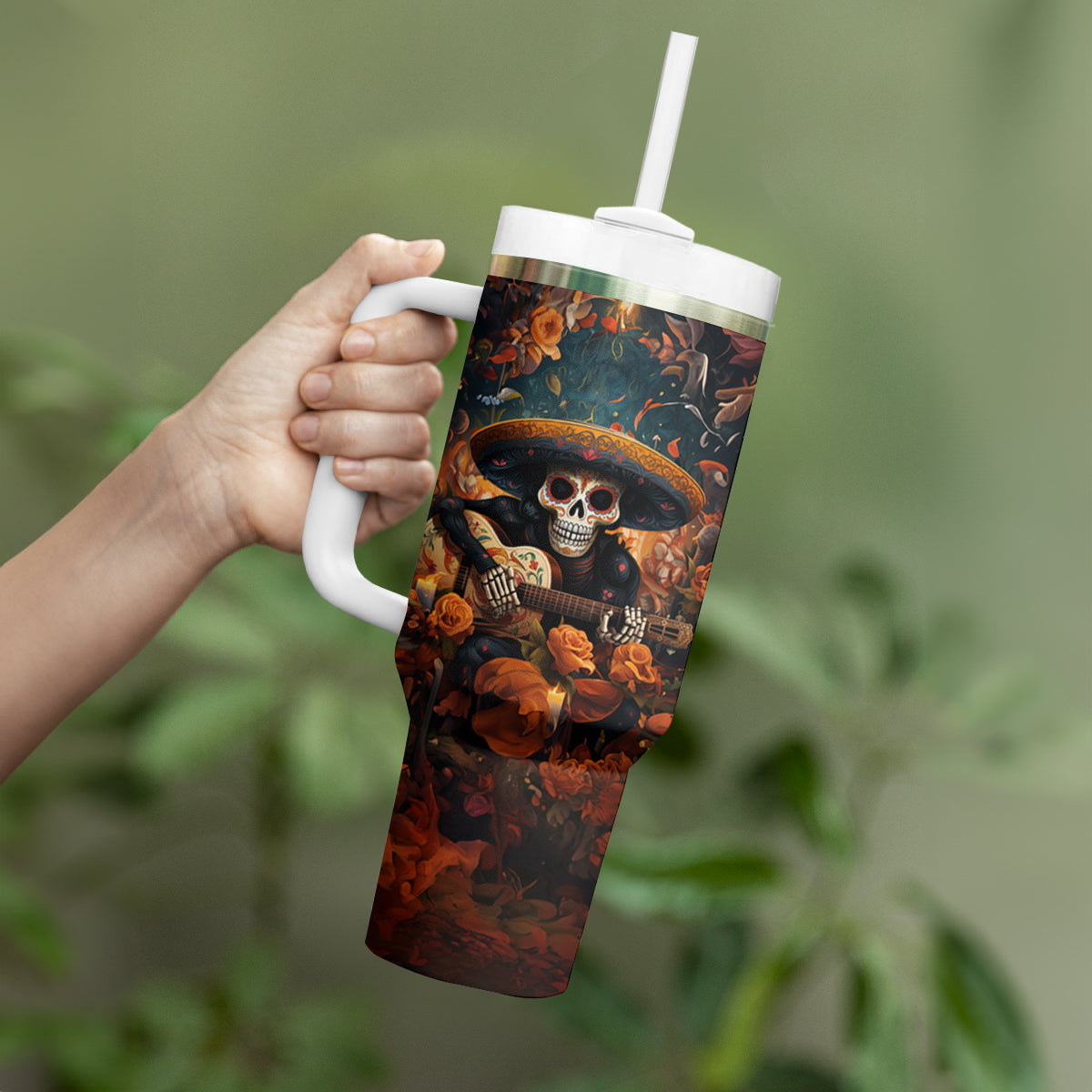 Day of Dead Skull Tumbler With Handle Sugar Skull Musican - Wonder Print Shop