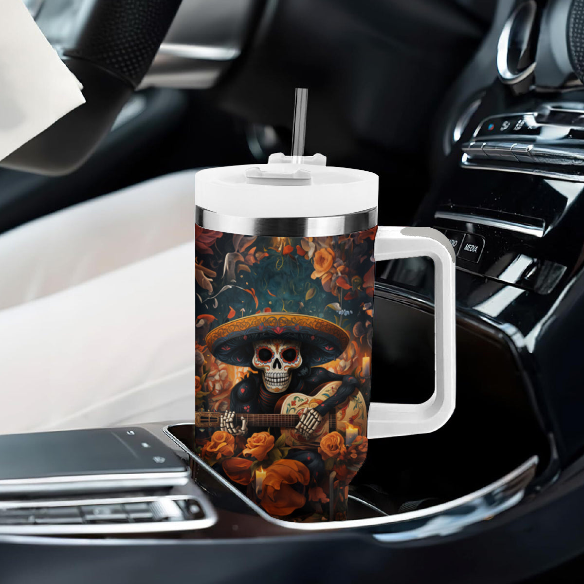Day of Dead Skull Tumbler With Handle Sugar Skull Musican - Wonder Print Shop