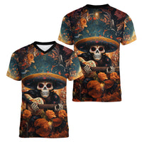 Day of Dead Skull Women V Neck T Shirt Sugar Skull Musican - Wonder Print Shop