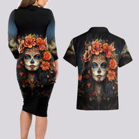 Day of Dead Lady Couples Matching Long Sleeve Bodycon Dress and Hawaiian Shirt Sugar Skull Rose Lady - Wonder Print Shop
