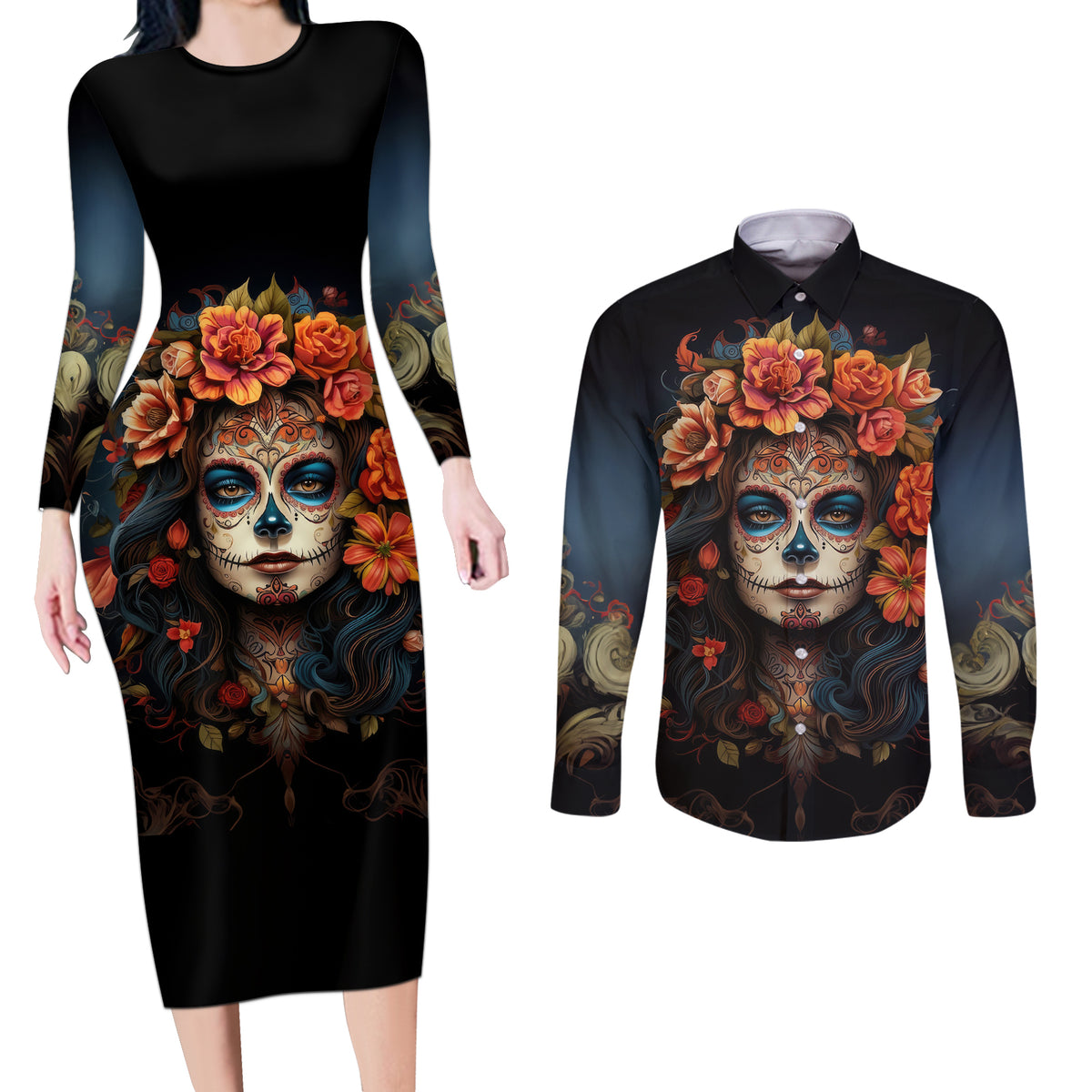 Day of Dead Lady Couples Matching Long Sleeve Bodycon Dress and Long Sleeve Button Shirt Sugar Skull Rose Lady - Wonder Print Shop