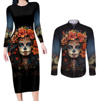 Day of Dead Lady Couples Matching Long Sleeve Bodycon Dress and Long Sleeve Button Shirt Sugar Skull Rose Lady - Wonder Print Shop