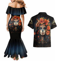 Day of Dead Lady Couples Matching Mermaid Dress and Hawaiian Shirt Sugar Skull Rose Lady - Wonder Print Shop