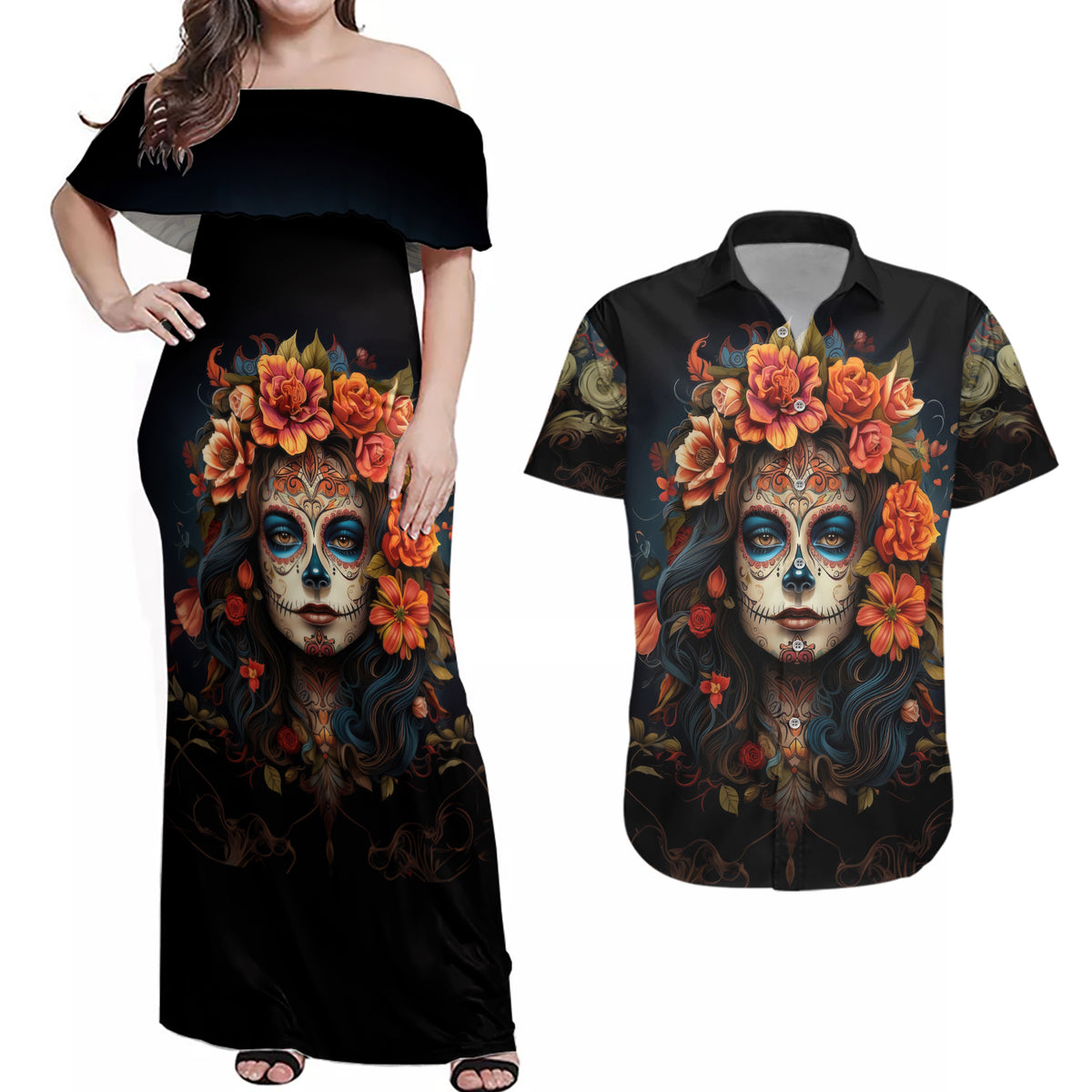 Day of Dead Lady Couples Matching Off Shoulder Maxi Dress and Hawaiian Shirt Sugar Skull Rose Lady - Wonder Print Shop