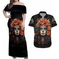 Day of Dead Lady Couples Matching Off Shoulder Maxi Dress and Hawaiian Shirt Sugar Skull Rose Lady - Wonder Print Shop