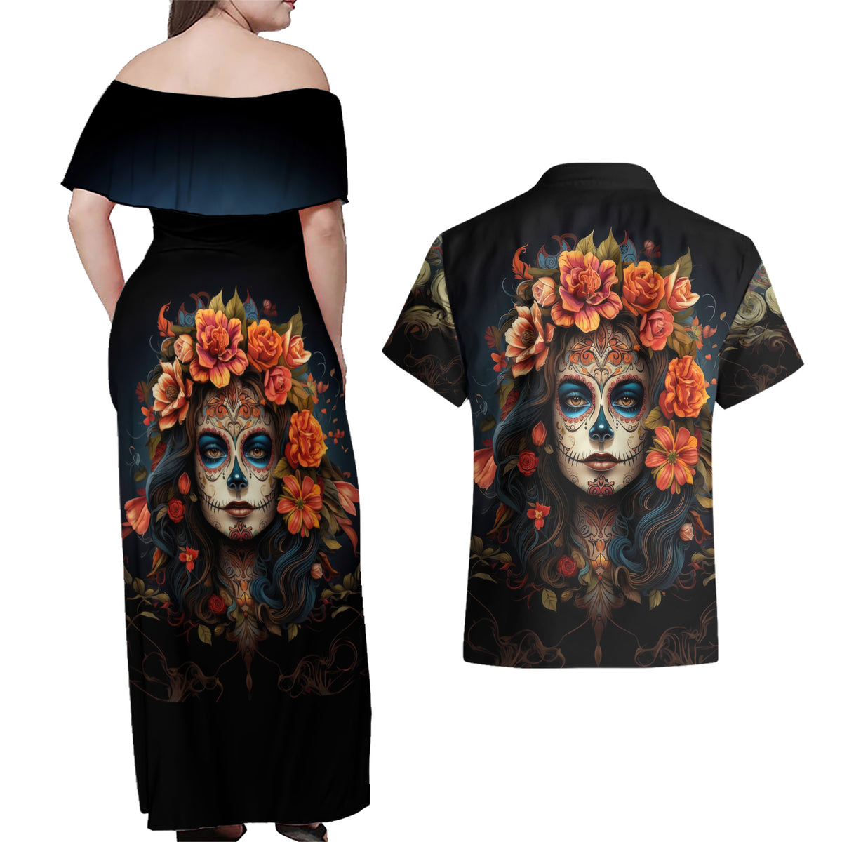 Day of Dead Lady Couples Matching Off Shoulder Maxi Dress and Hawaiian Shirt Sugar Skull Rose Lady - Wonder Print Shop