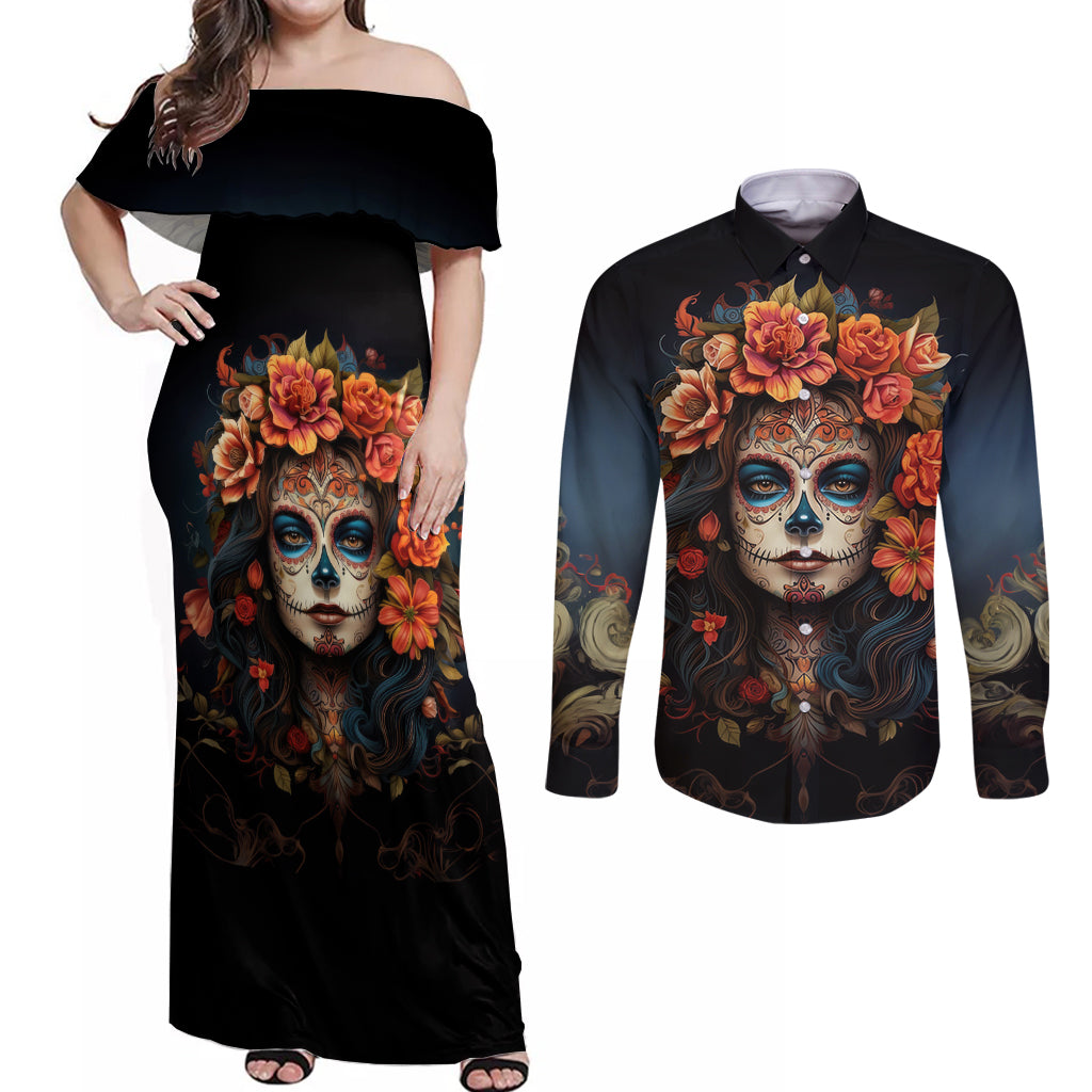 Day of Dead Lady Couples Matching Off Shoulder Maxi Dress and Long Sleeve Button Shirt Sugar Skull Rose Lady - Wonder Print Shop