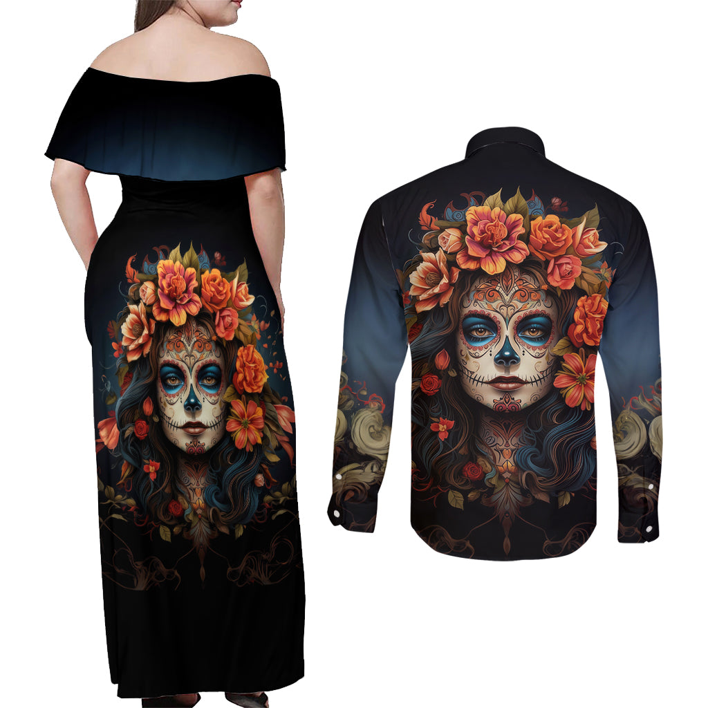 Day of Dead Lady Couples Matching Off Shoulder Maxi Dress and Long Sleeve Button Shirt Sugar Skull Rose Lady - Wonder Print Shop