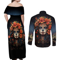 Day of Dead Lady Couples Matching Off Shoulder Maxi Dress and Long Sleeve Button Shirt Sugar Skull Rose Lady - Wonder Print Shop