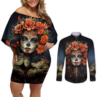 Day of Dead Lady Couples Matching Off Shoulder Short Dress and Long Sleeve Button Shirt Sugar Skull Rose Lady - Wonder Print Shop