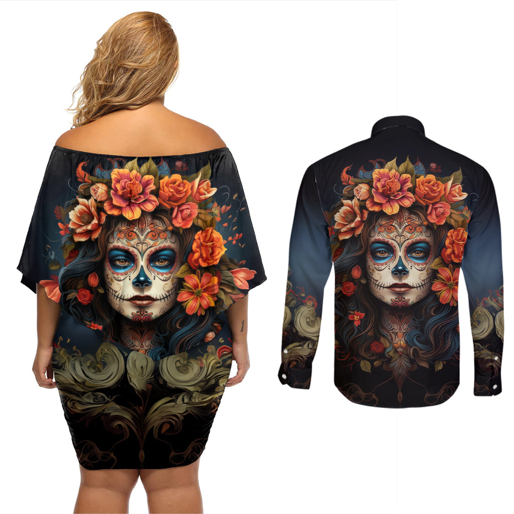 Day of Dead Lady Couples Matching Off Shoulder Short Dress and Long Sleeve Button Shirt Sugar Skull Rose Lady - Wonder Print Shop