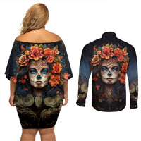 Day of Dead Lady Couples Matching Off Shoulder Short Dress and Long Sleeve Button Shirt Sugar Skull Rose Lady - Wonder Print Shop