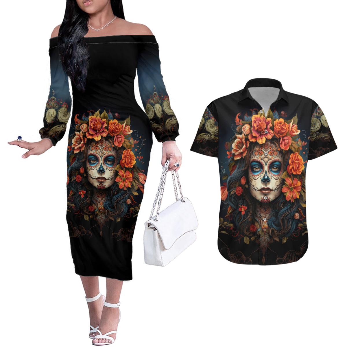 Day of Dead Lady Couples Matching Off The Shoulder Long Sleeve Dress and Hawaiian Shirt Sugar Skull Rose Lady - Wonder Print Shop
