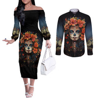 day-of-dead-lady-couples-matching-off-the-shoulder-long-sleeve-dress-and-long-sleeve-button-shirt-sugar-skull-rose-lady