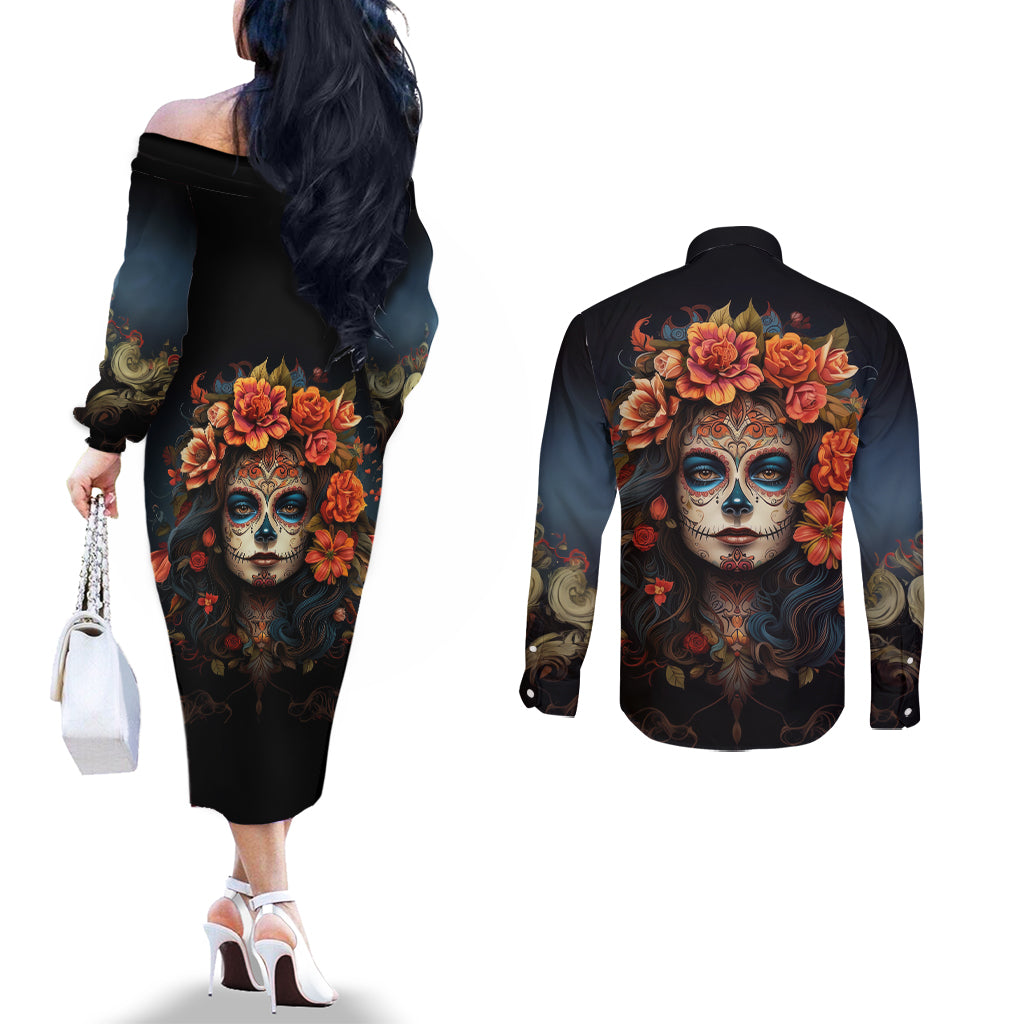 day-of-dead-lady-couples-matching-off-the-shoulder-long-sleeve-dress-and-long-sleeve-button-shirt-sugar-skull-rose-lady