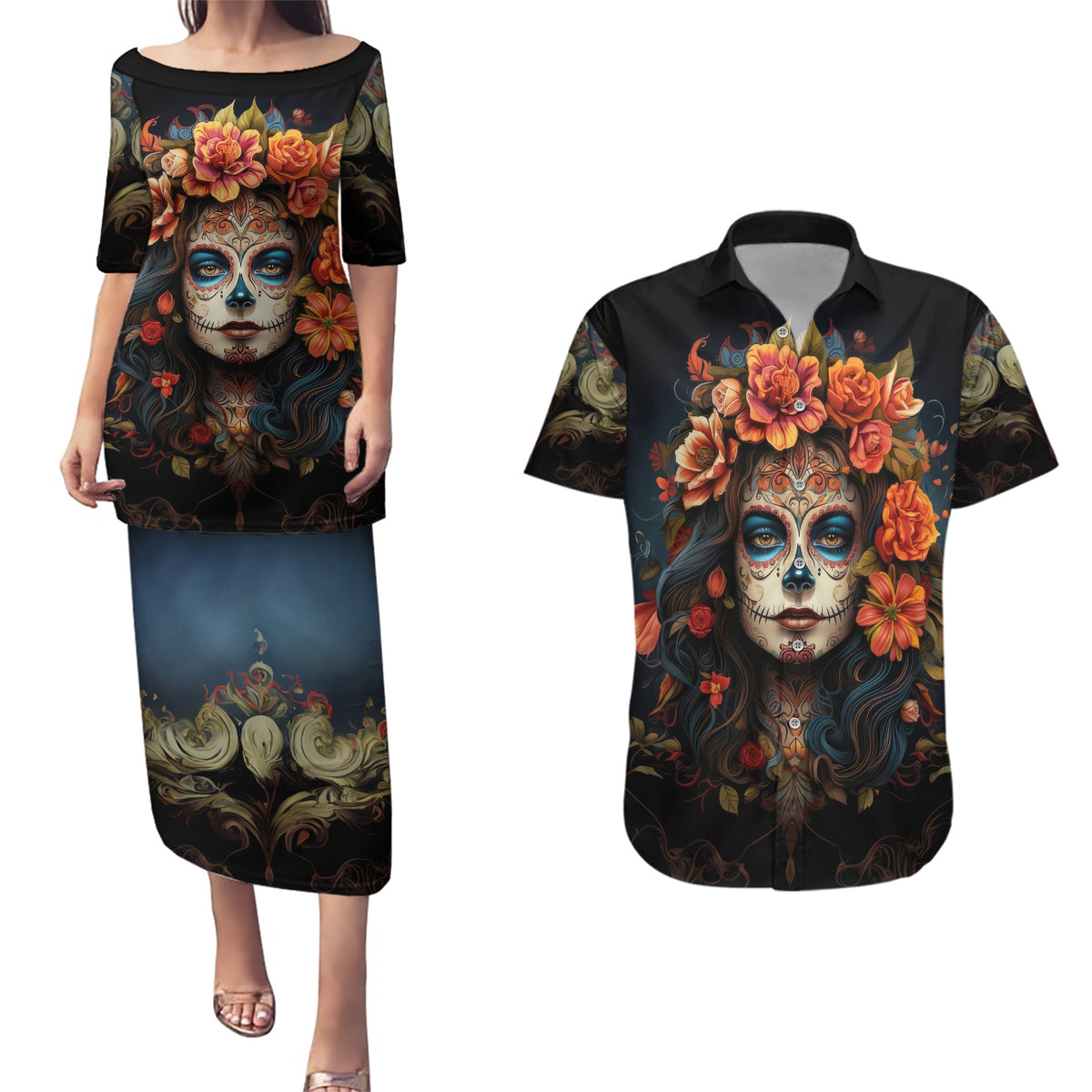 Day of Dead Lady Couples Matching Puletasi Dress and Hawaiian Shirt Sugar Skull Rose Lady - Wonder Print Shop