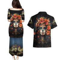 Day of Dead Lady Couples Matching Puletasi Dress and Hawaiian Shirt Sugar Skull Rose Lady - Wonder Print Shop