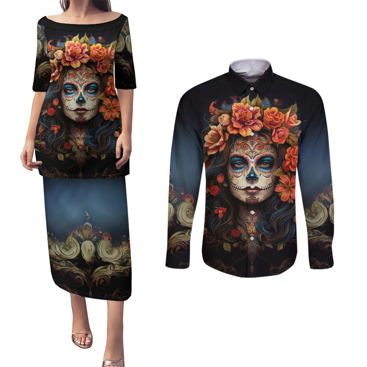 Day of Dead Lady Couples Matching Puletasi Dress and Long Sleeve Button Shirt Sugar Skull Rose Lady - Wonder Print Shop