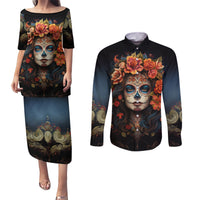 Day of Dead Lady Couples Matching Puletasi Dress and Long Sleeve Button Shirt Sugar Skull Rose Lady - Wonder Print Shop