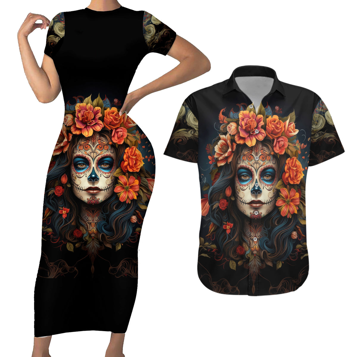 Day of Dead Lady Couples Matching Short Sleeve Bodycon Dress and Hawaiian Shirt Sugar Skull Rose Lady - Wonder Print Shop