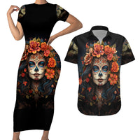 Day of Dead Lady Couples Matching Short Sleeve Bodycon Dress and Hawaiian Shirt Sugar Skull Rose Lady - Wonder Print Shop
