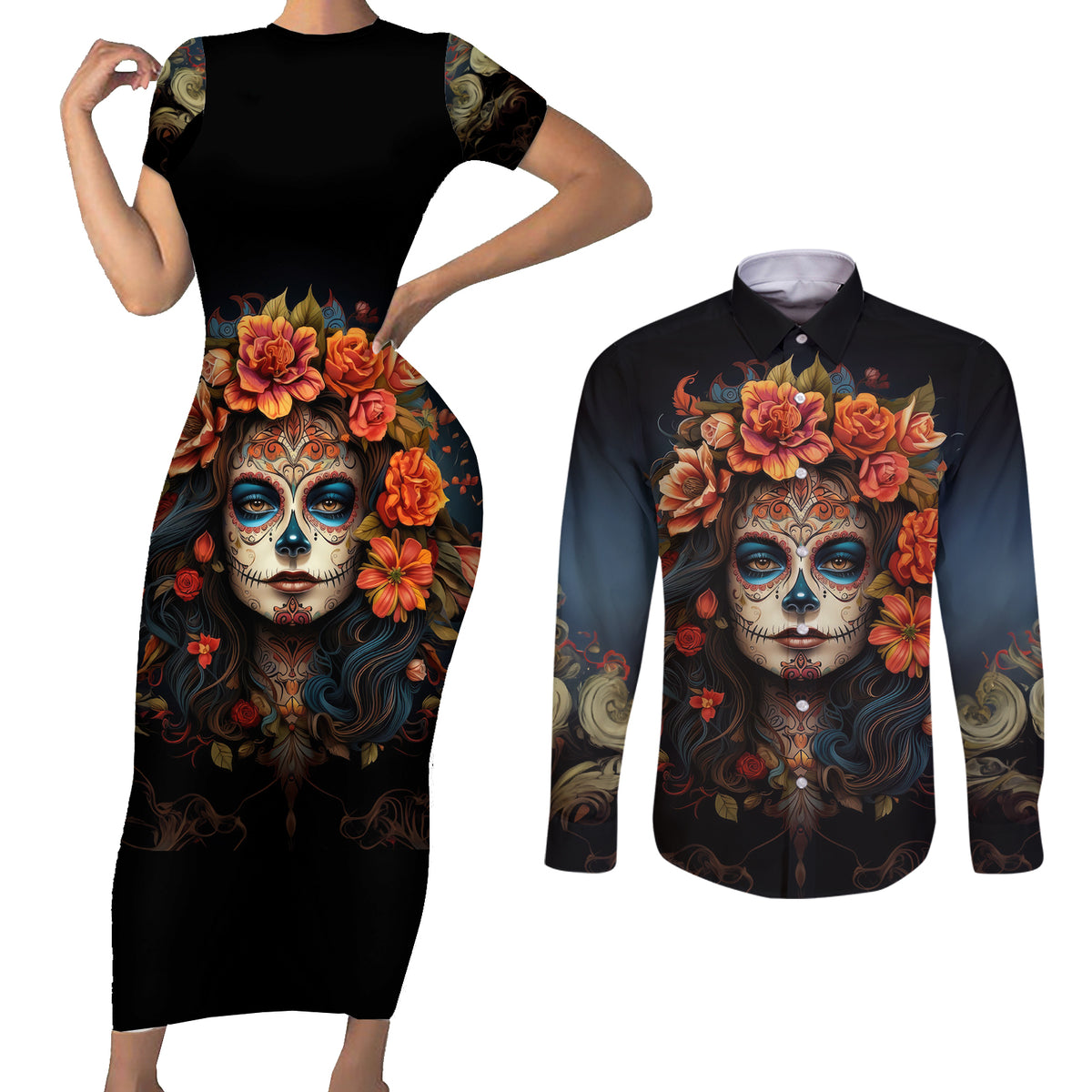 Day of Dead Lady Couples Matching Short Sleeve Bodycon Dress and Long Sleeve Button Shirt Sugar Skull Rose Lady - Wonder Print Shop