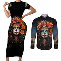 Day of Dead Lady Couples Matching Short Sleeve Bodycon Dress and Long Sleeve Button Shirt Sugar Skull Rose Lady - Wonder Print Shop