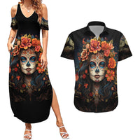 Day of Dead Lady Couples Matching Summer Maxi Dress and Hawaiian Shirt Sugar Skull Rose Lady - Wonder Print Shop