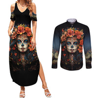 Day of Dead Lady Couples Matching Summer Maxi Dress and Long Sleeve Button Shirt Sugar Skull Rose Lady - Wonder Print Shop
