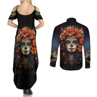 Day of Dead Lady Couples Matching Summer Maxi Dress and Long Sleeve Button Shirt Sugar Skull Rose Lady - Wonder Print Shop